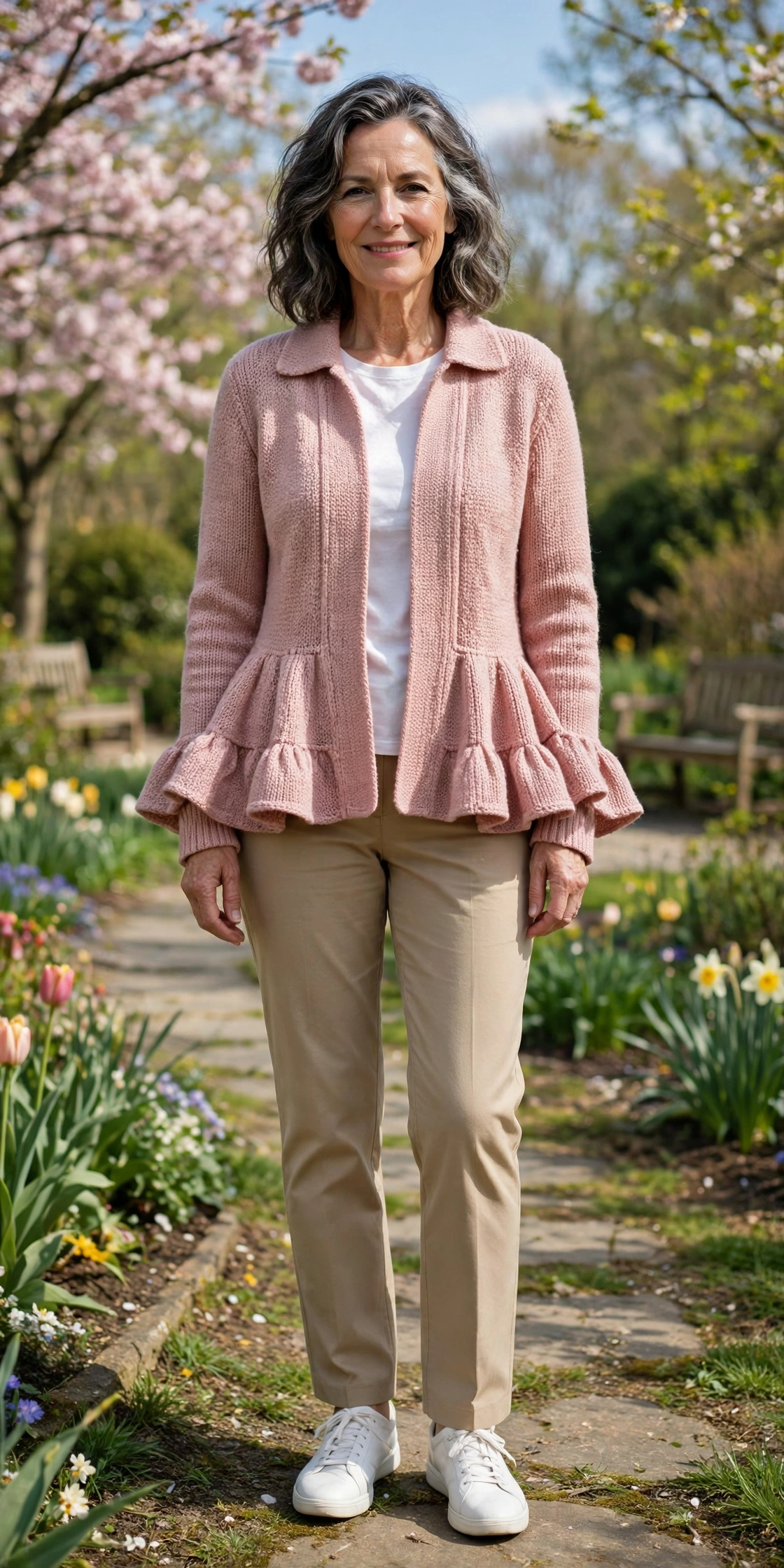 Peplum knit jacket with straight trousers