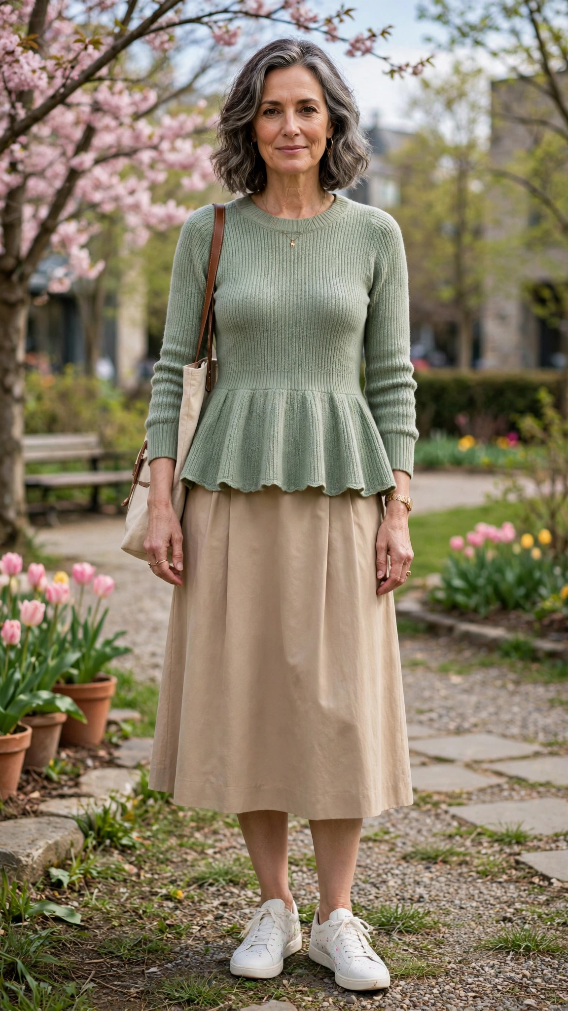 Peplum knit top with a midi skirt