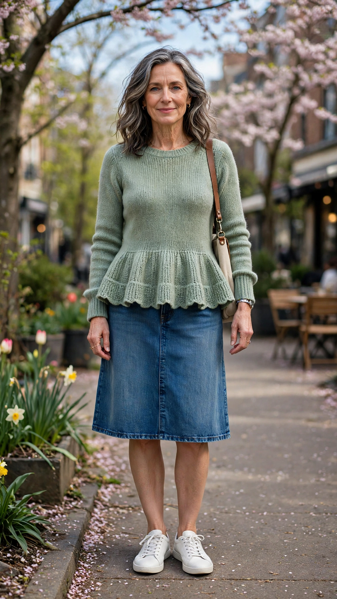 Peplum knit sweater with a denim skirt