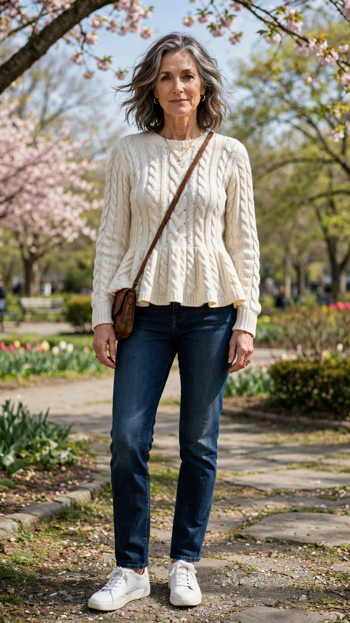 Peplum cable-knit top with dark-wash jeans