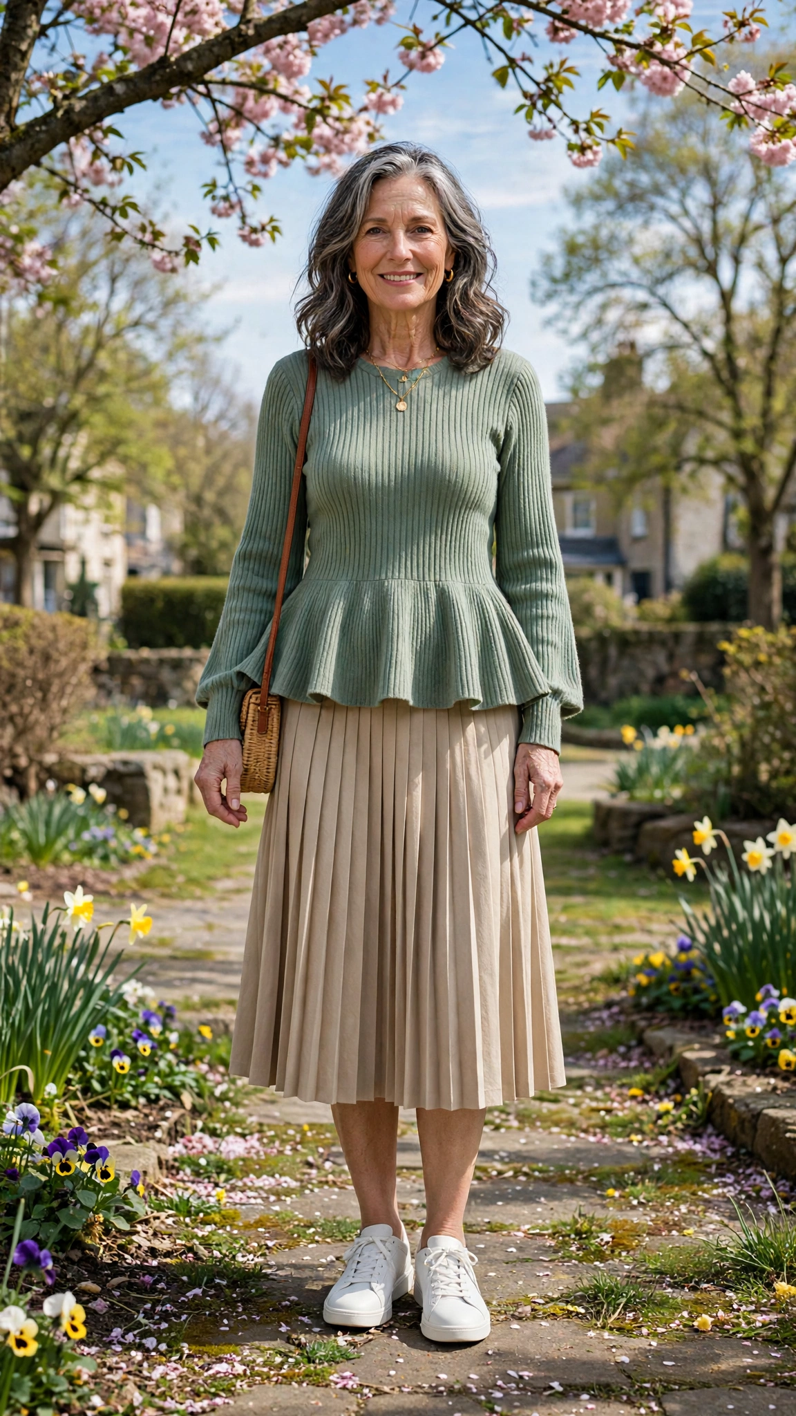 Peplum ribbed knit top with a pleated skirt