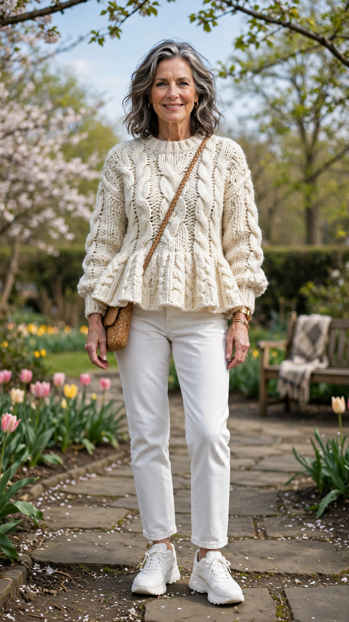 Peplum chunky knit sweater with white jeans