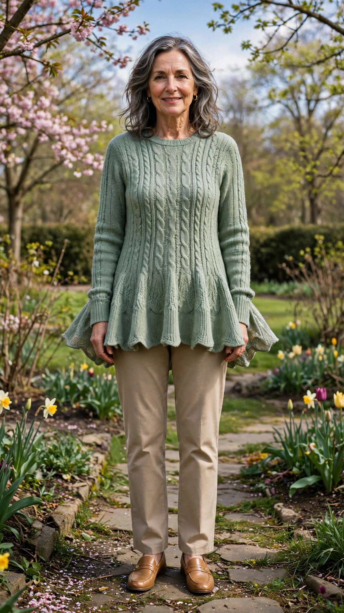 Peplum knit tunic with straight trousers
