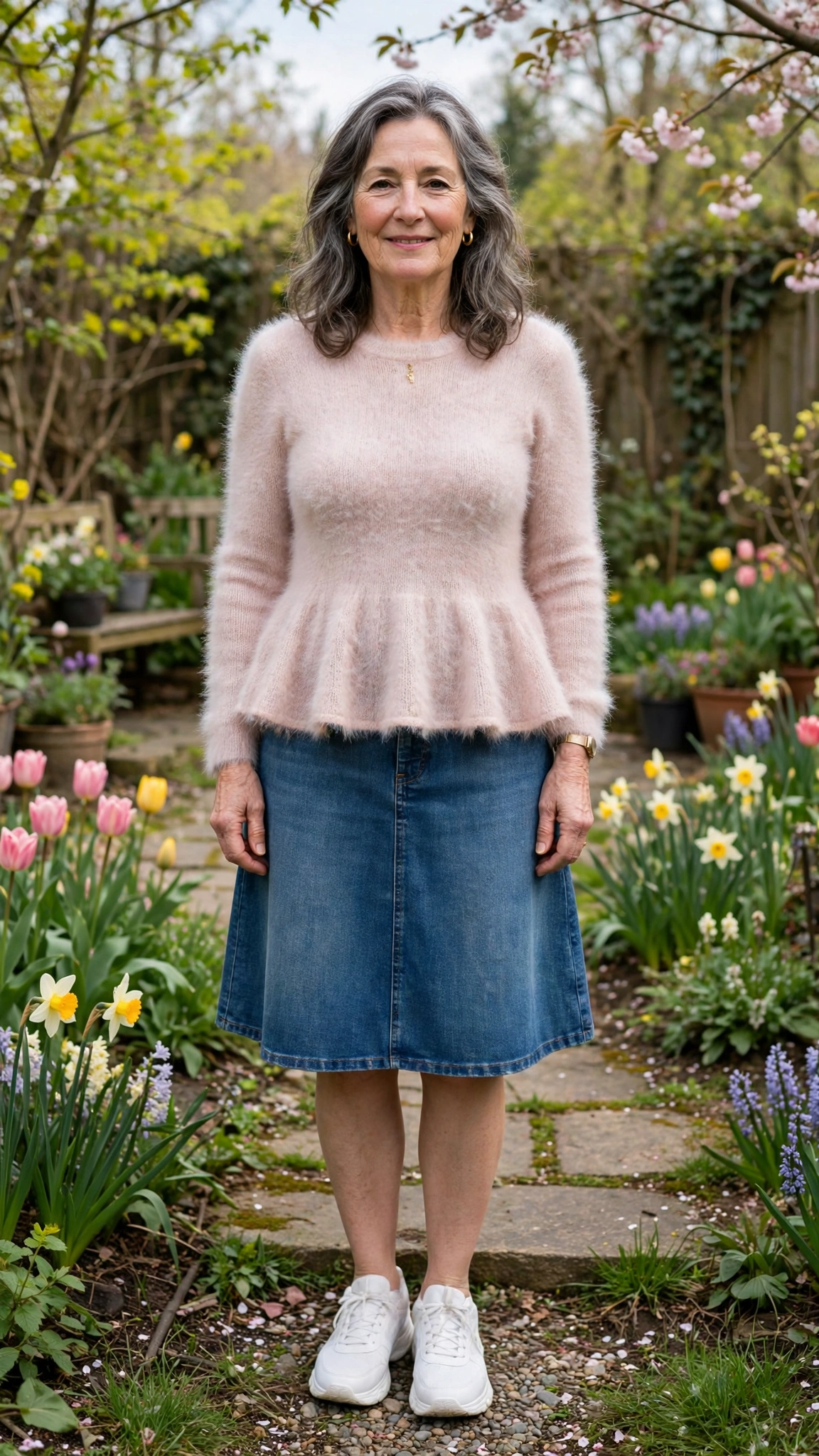 Peplum mohair top with a denim skirt