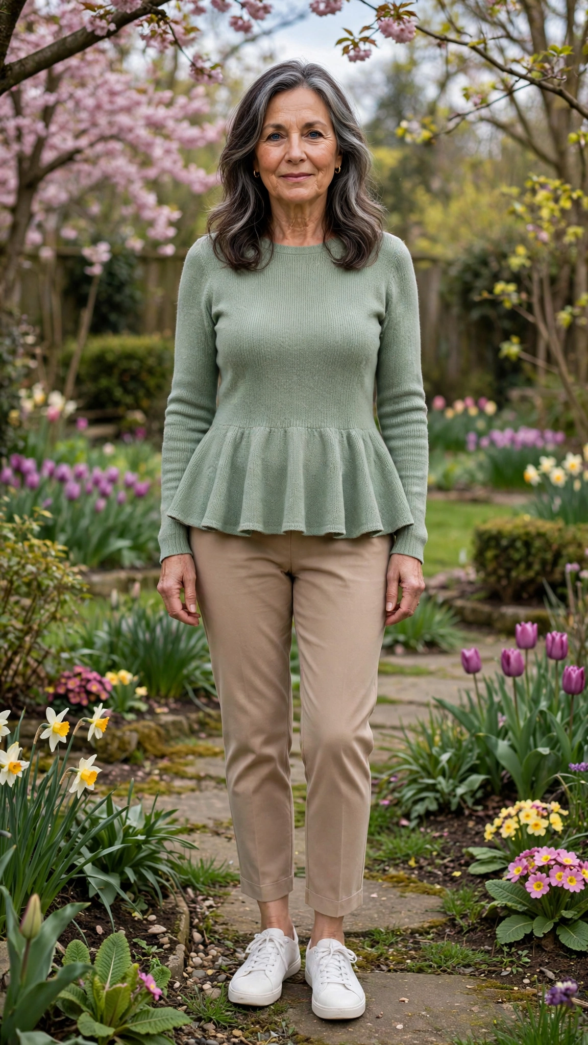 Peplum knit top with ankle trousers