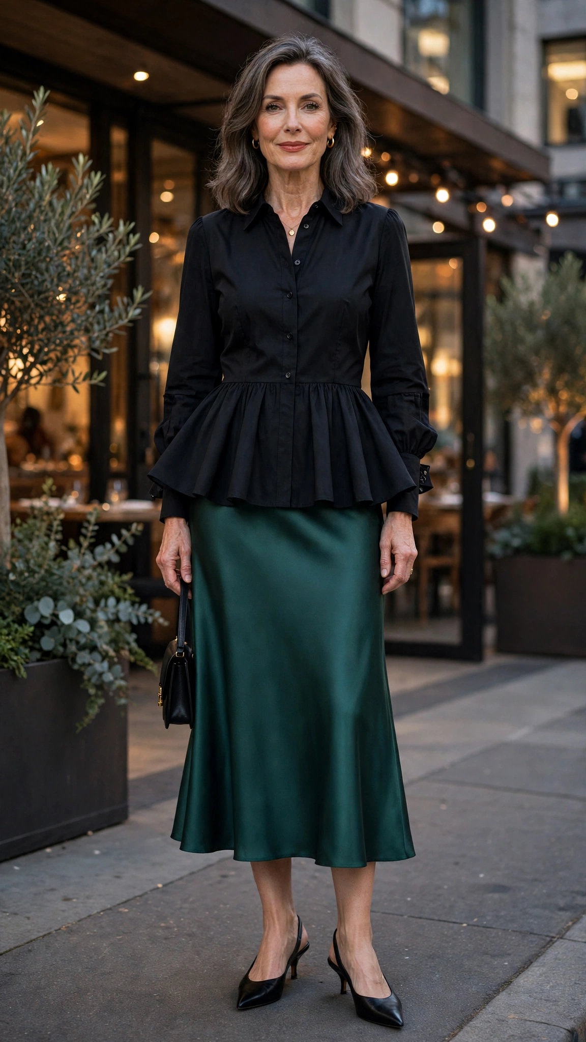 Peplum blouse with a satin midi skirt