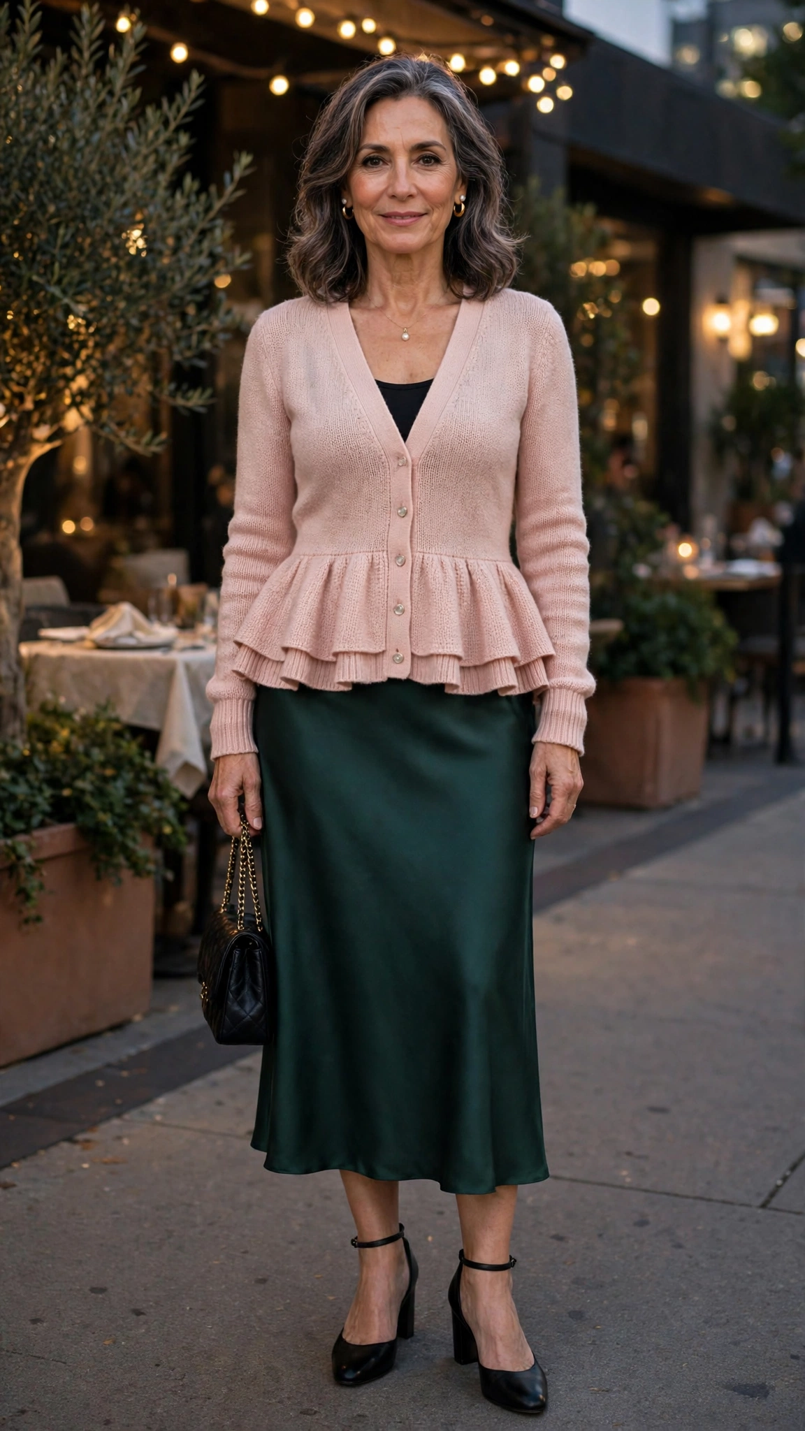 Peplum cardigan with a satin midi skirt