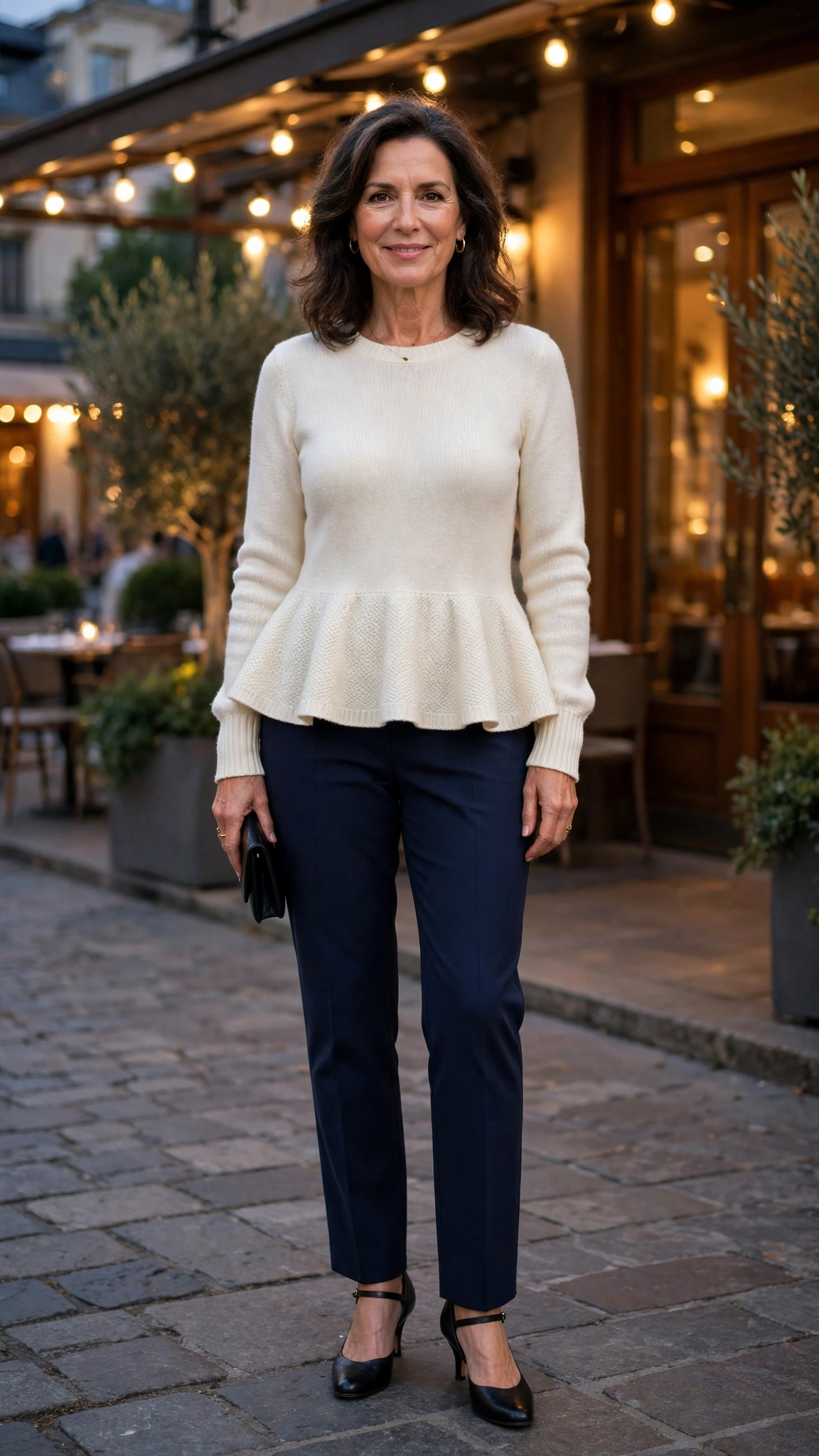 Peplum sweater with navy straight trousers