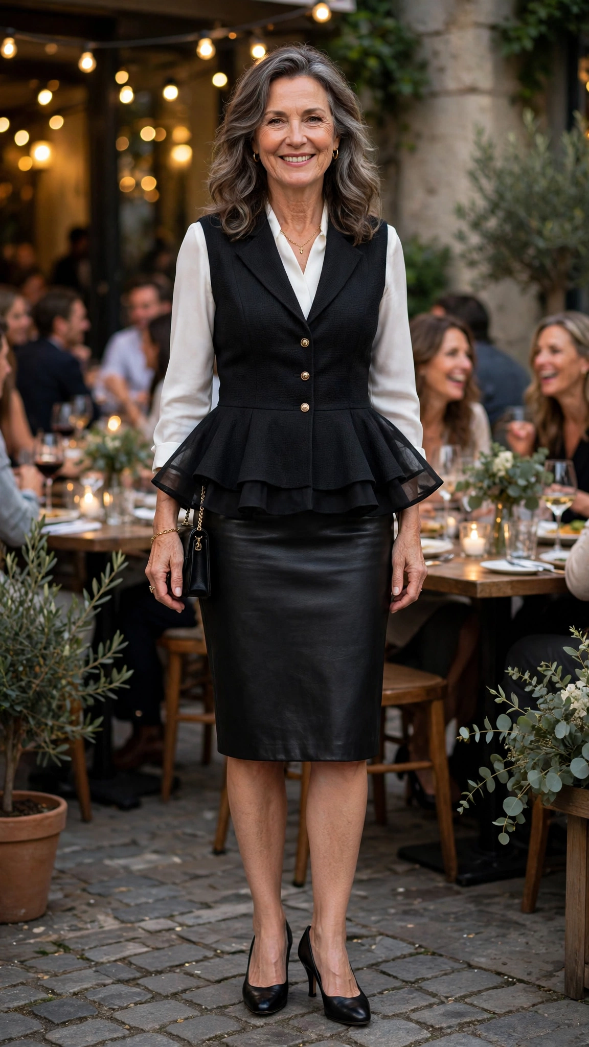 Peplum waistcoat with a leather pencil skirt