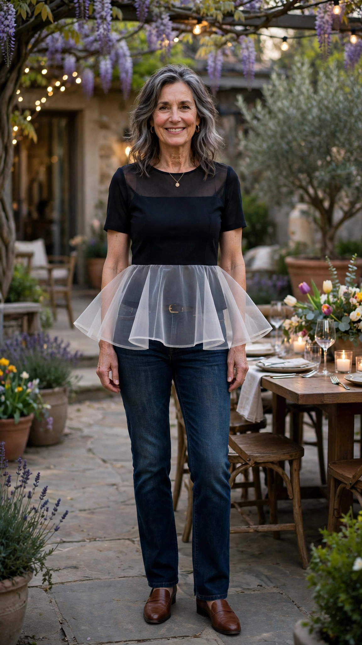 Peplum top with dark-wash jeans