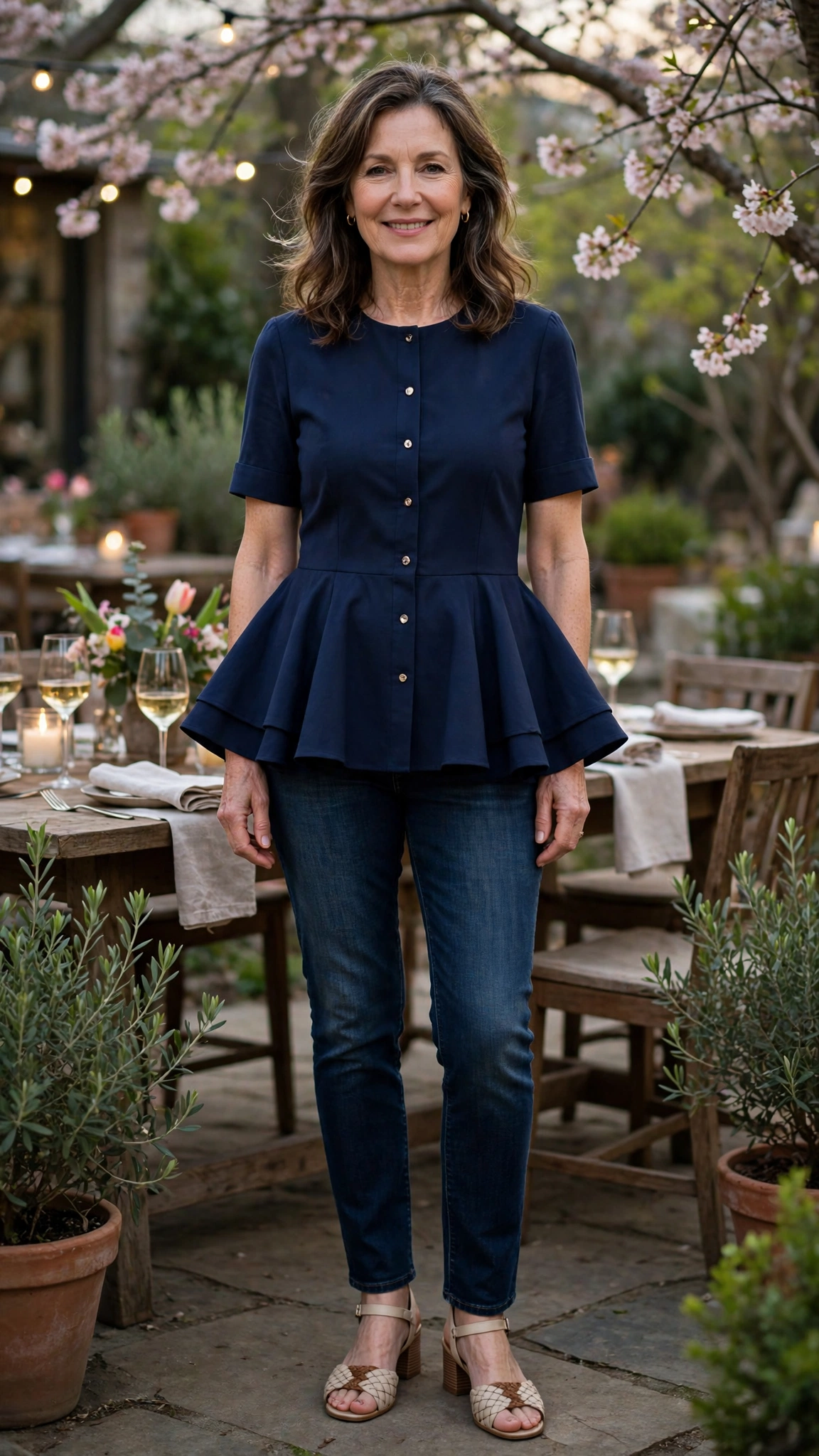Peplum dress with dark-wash jeans