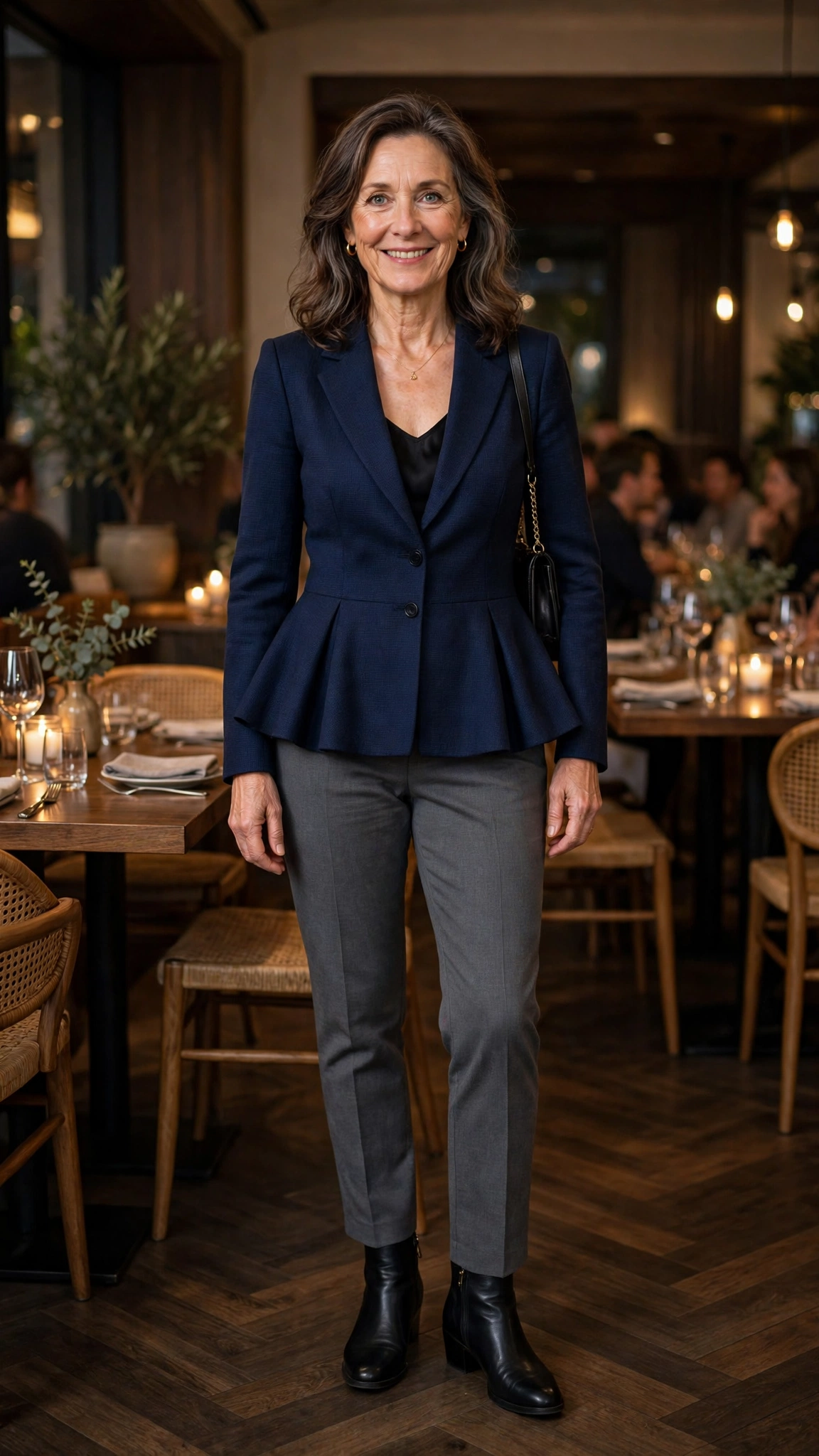 Peplum blazer with grey trousers