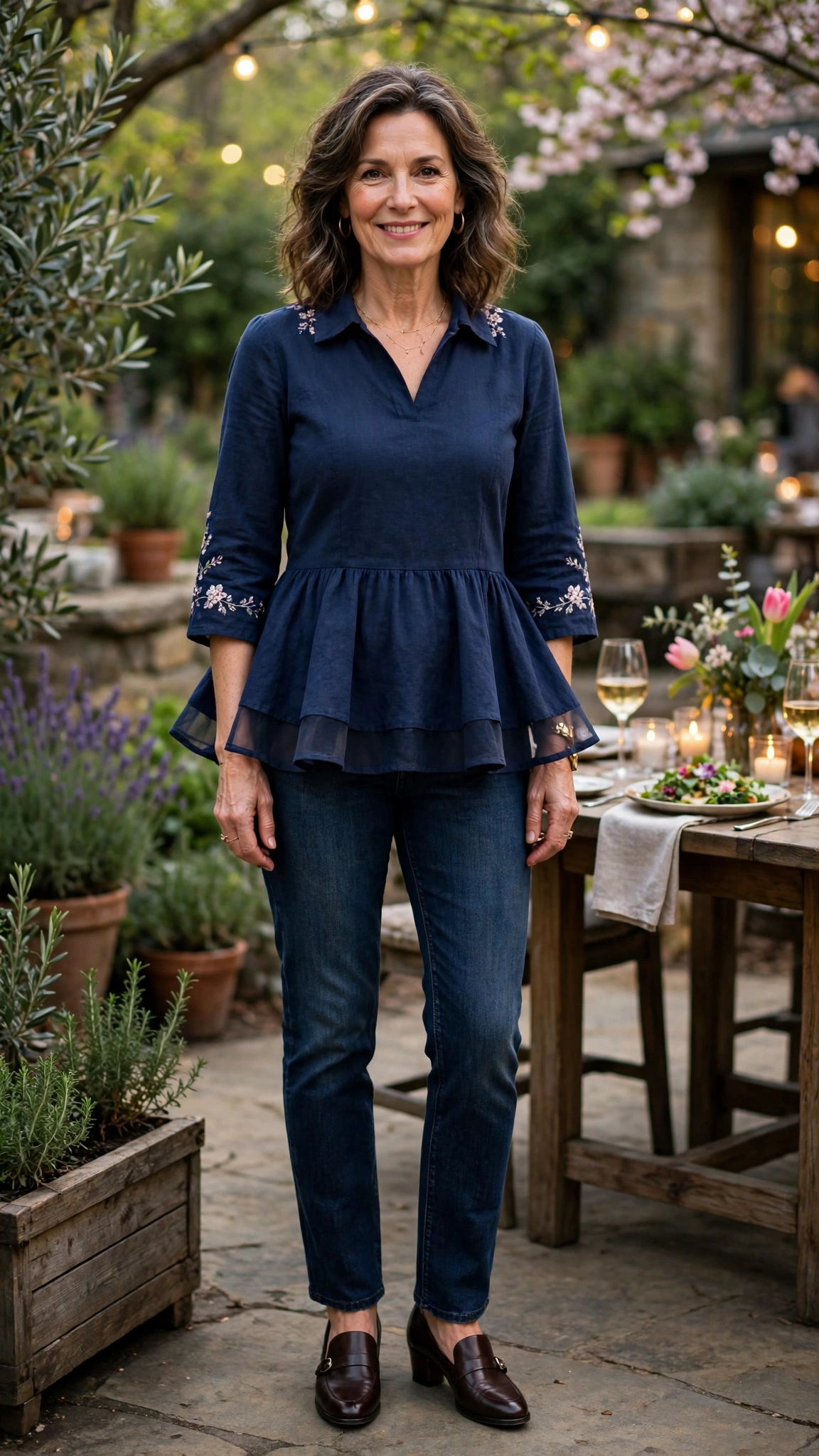 Peplum tunic with dark-wash jeans