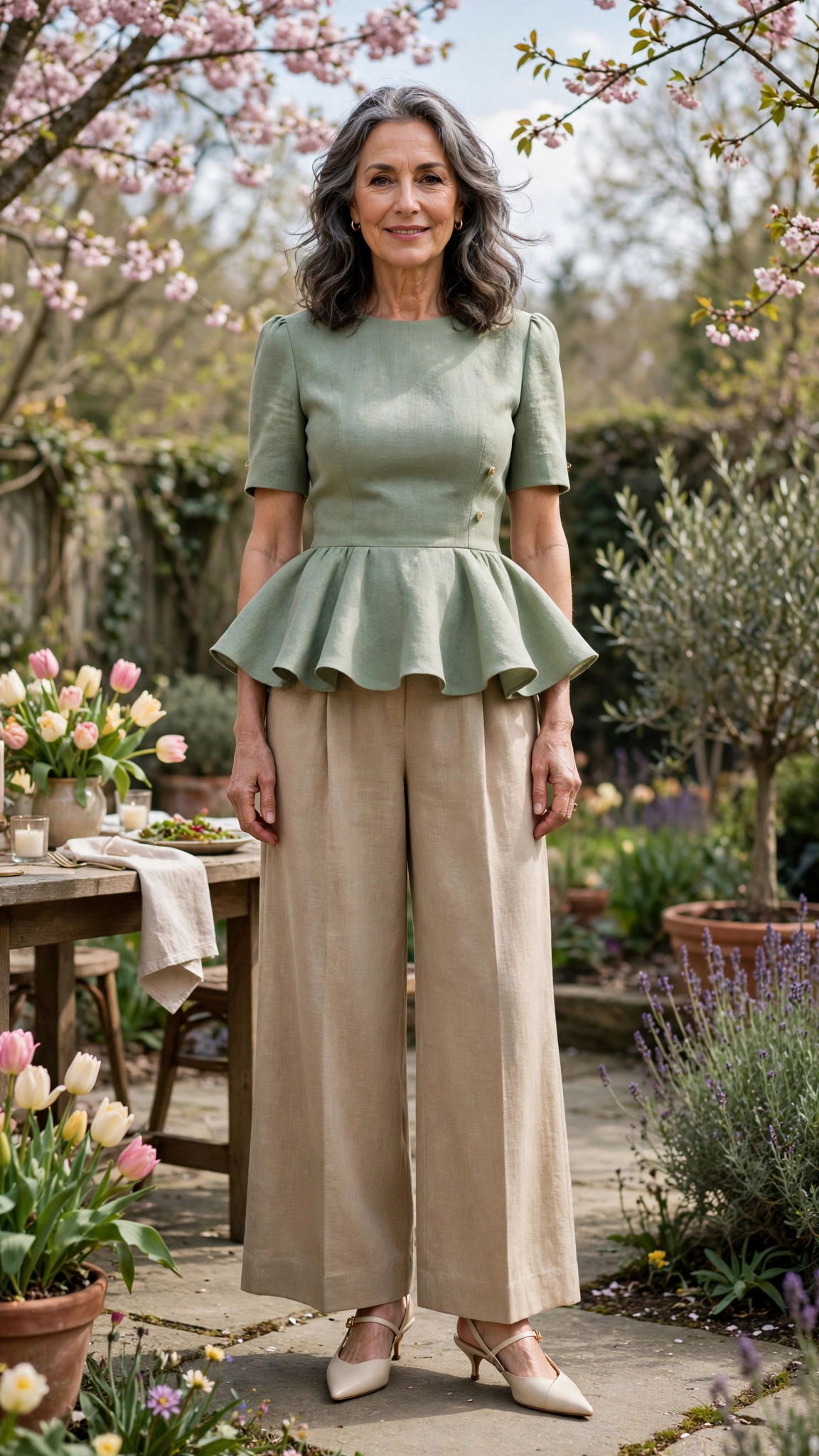 Peplum top with wide-leg trousers