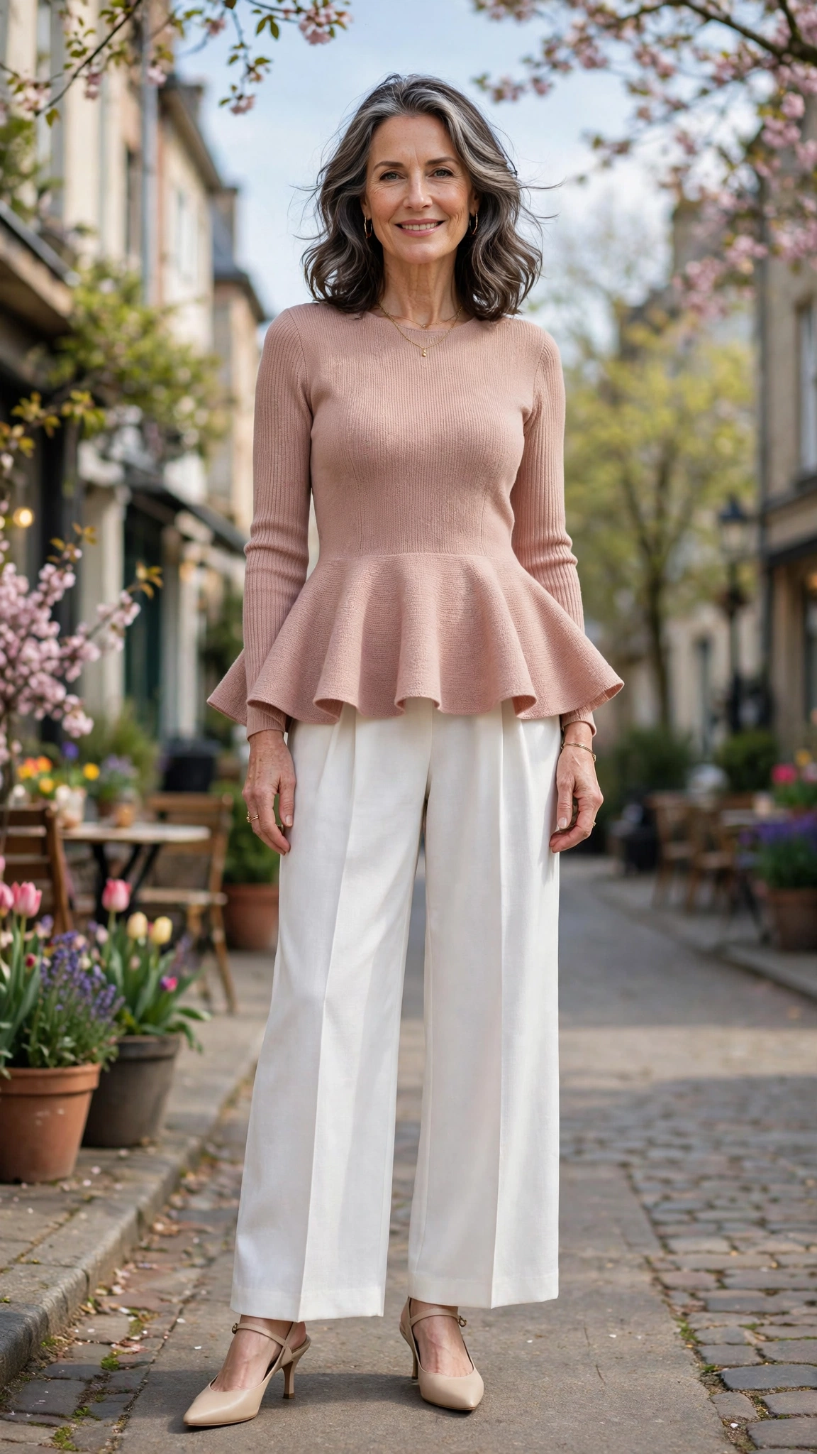 Peplum knit top with white wide-leg trousers