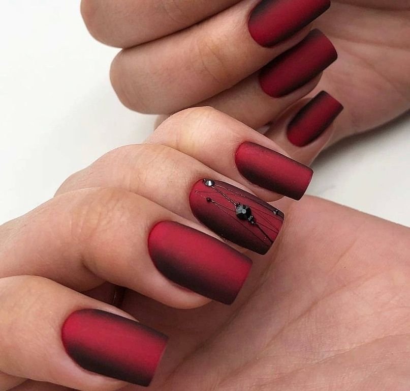 Matte Red Gradient Square Nails with an Accent Nail for January