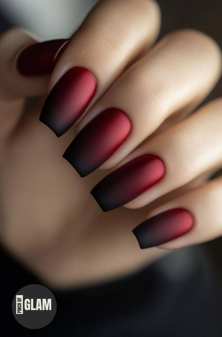 Matte Burgundy Black Gradient Square Nails for January