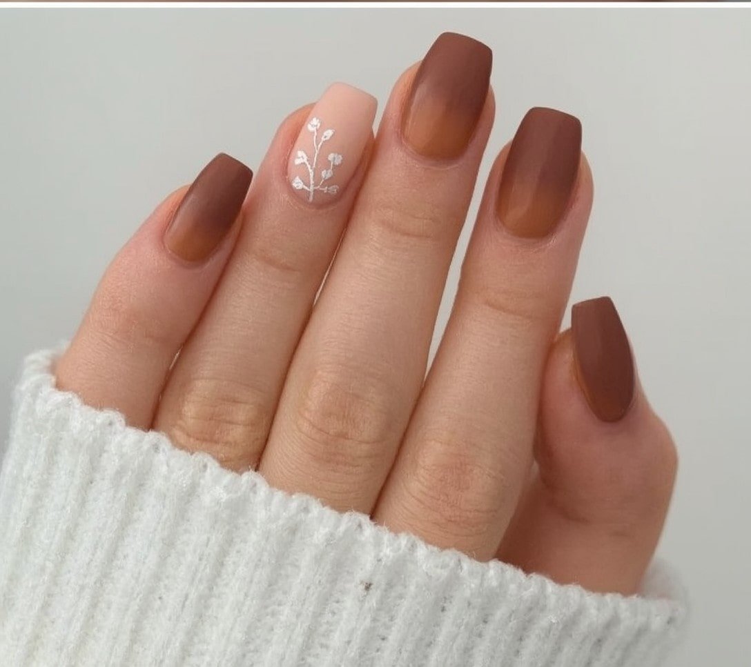 Matte Brown Gradient Square Nails with a White Floral Accent for January