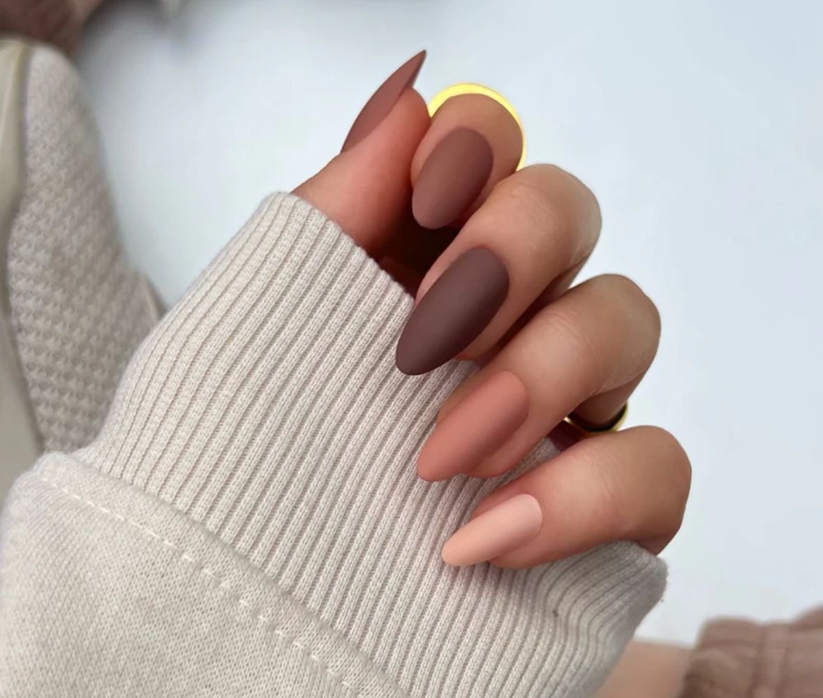 Matte Brown Gradient Almond Nails for January