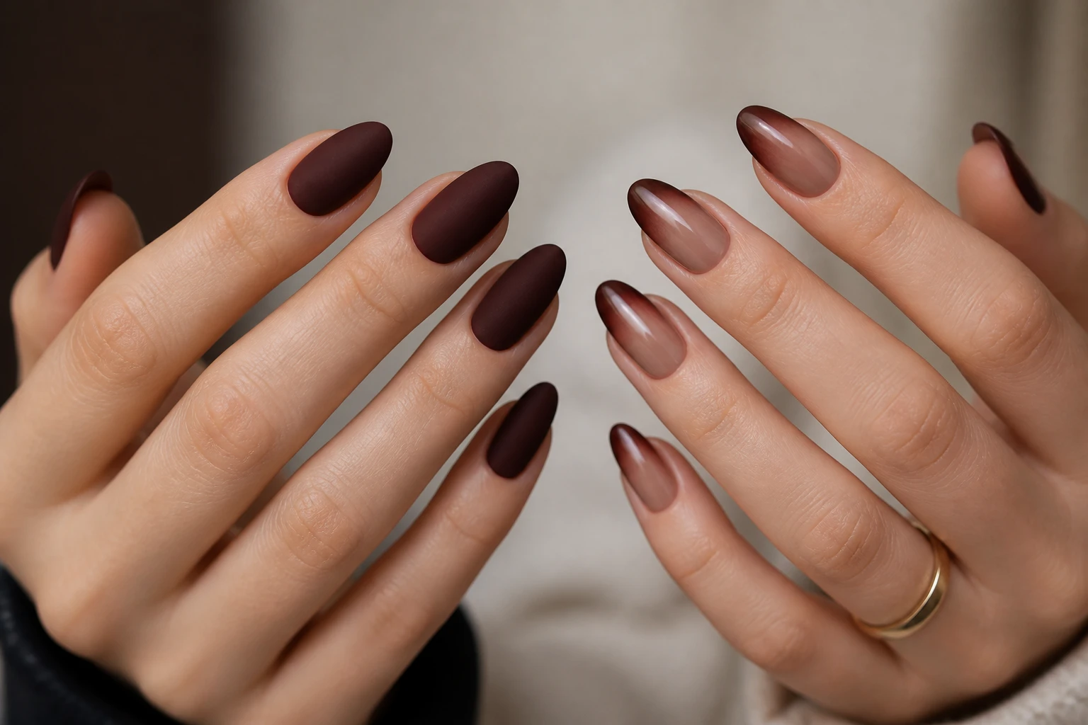Matte Dark Brown Gradient Almond Nails for January