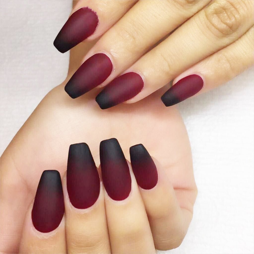 Matte Burgundy Black Gradient Coffin Nails for January