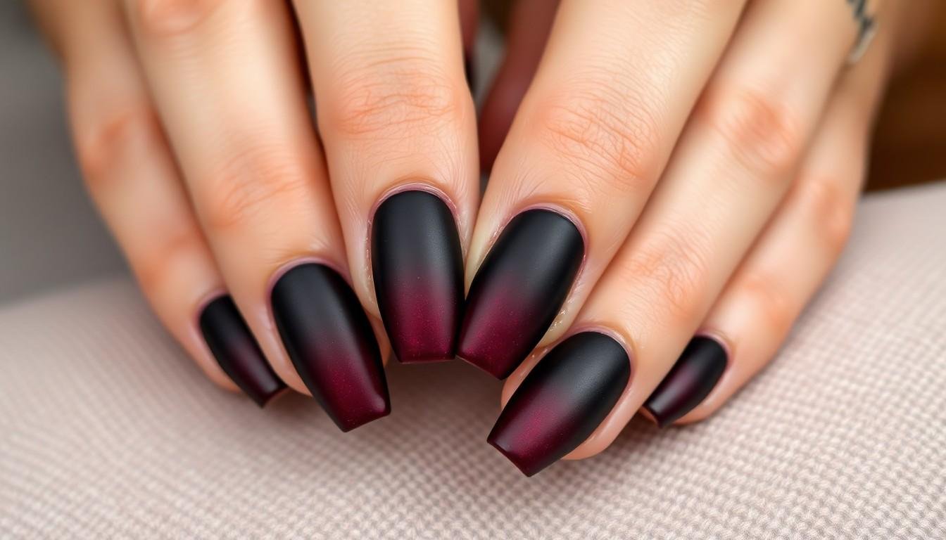 Matte Black Burgundy Gradient Oval Nails for January