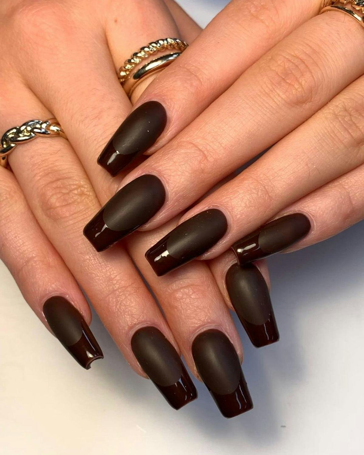 Matte Dark Brown Gradient Coffin Nails for January