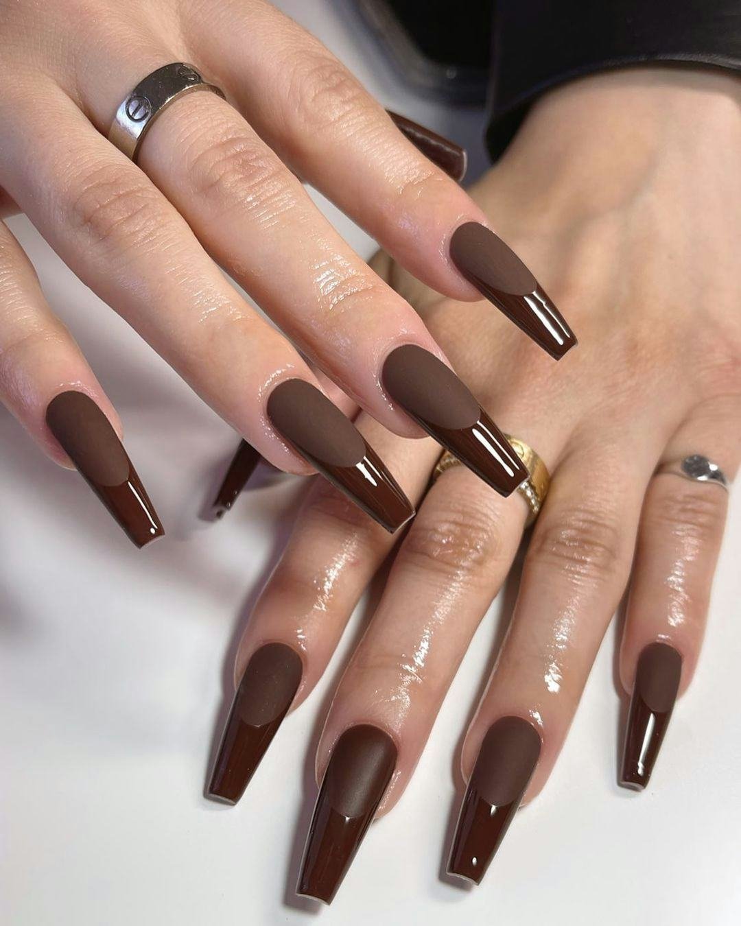 Matte Brown Gradient Coffin Nails for January