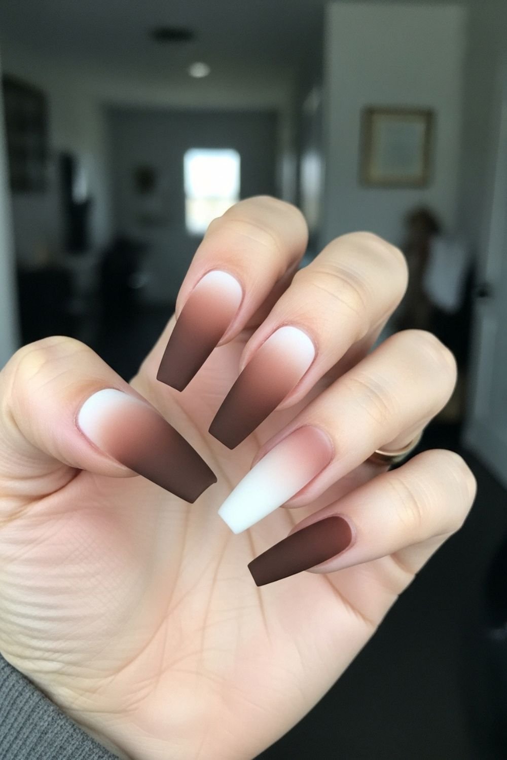 Matte Brown Gradient Square Nails with a White Accent for January