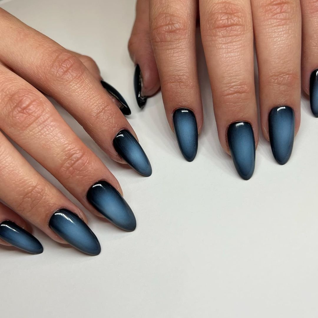 Matte Navy Gradient Almond Nails for January