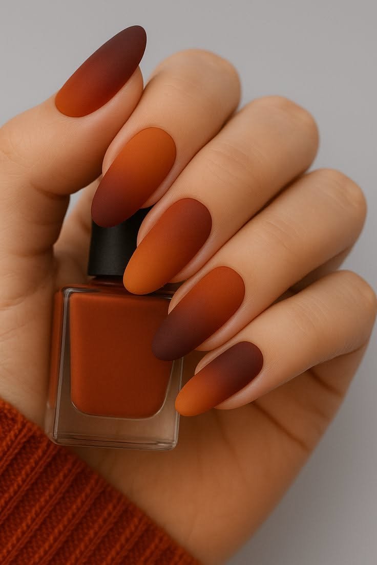 Matte Rust Brown Gradient Almond Nails for January