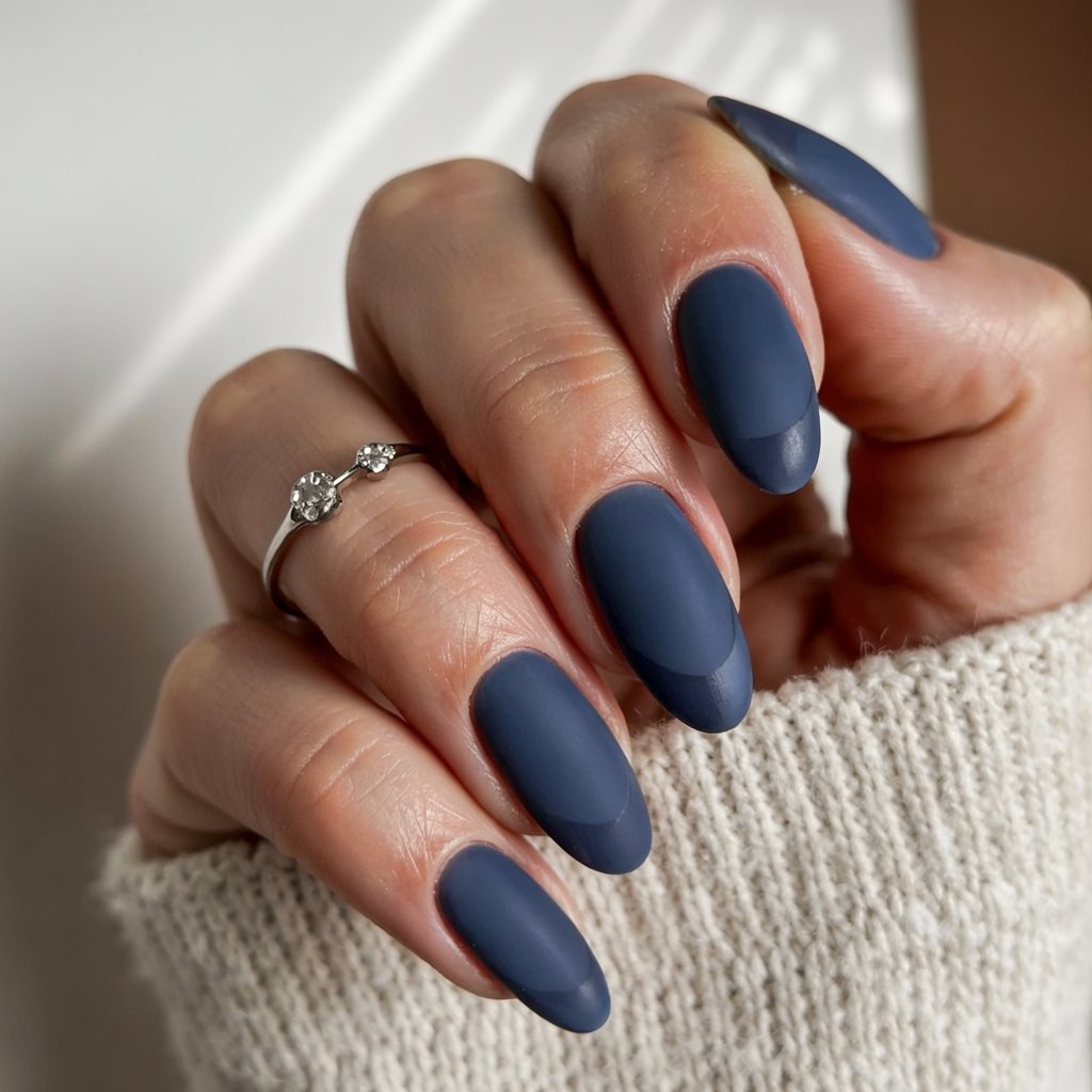 Matte Navy Gradient Almond Nails for January