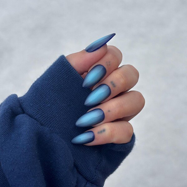 Matte Navy Gradient Almond Nails for January