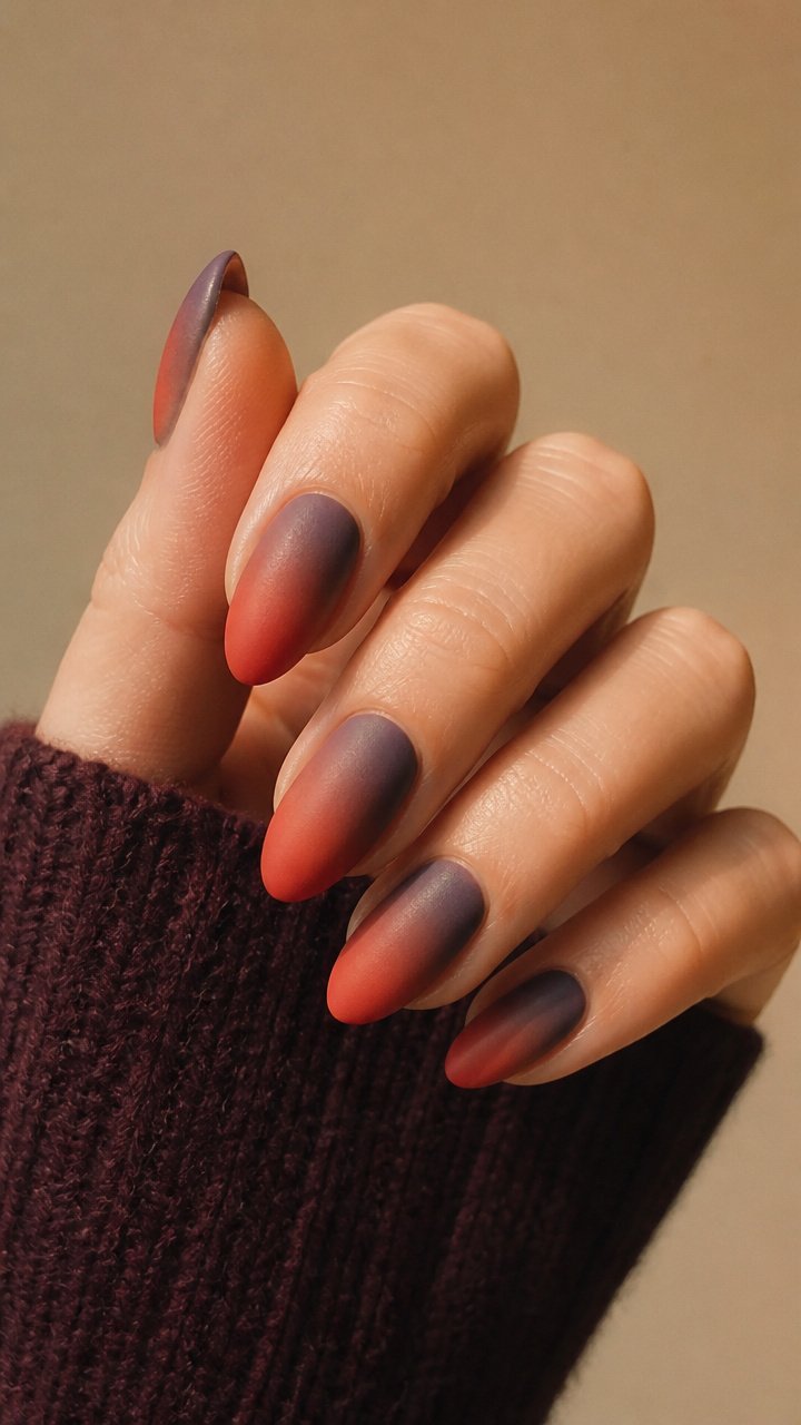Matte Red Brown Gradient Almond Nails for January