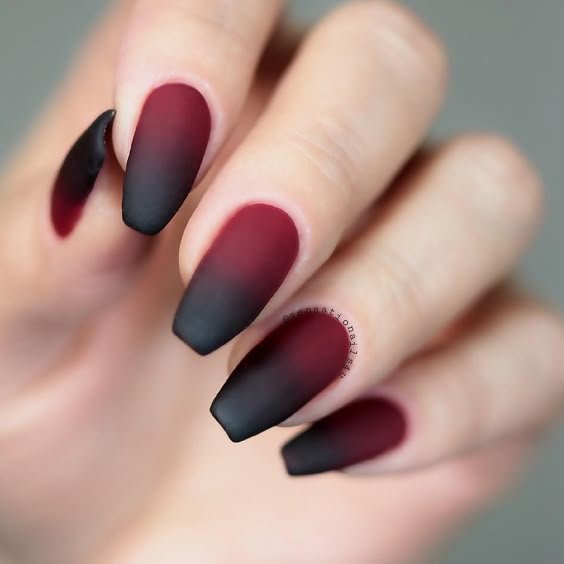 Matte Burgundy Black Gradient Coffin Nails for January