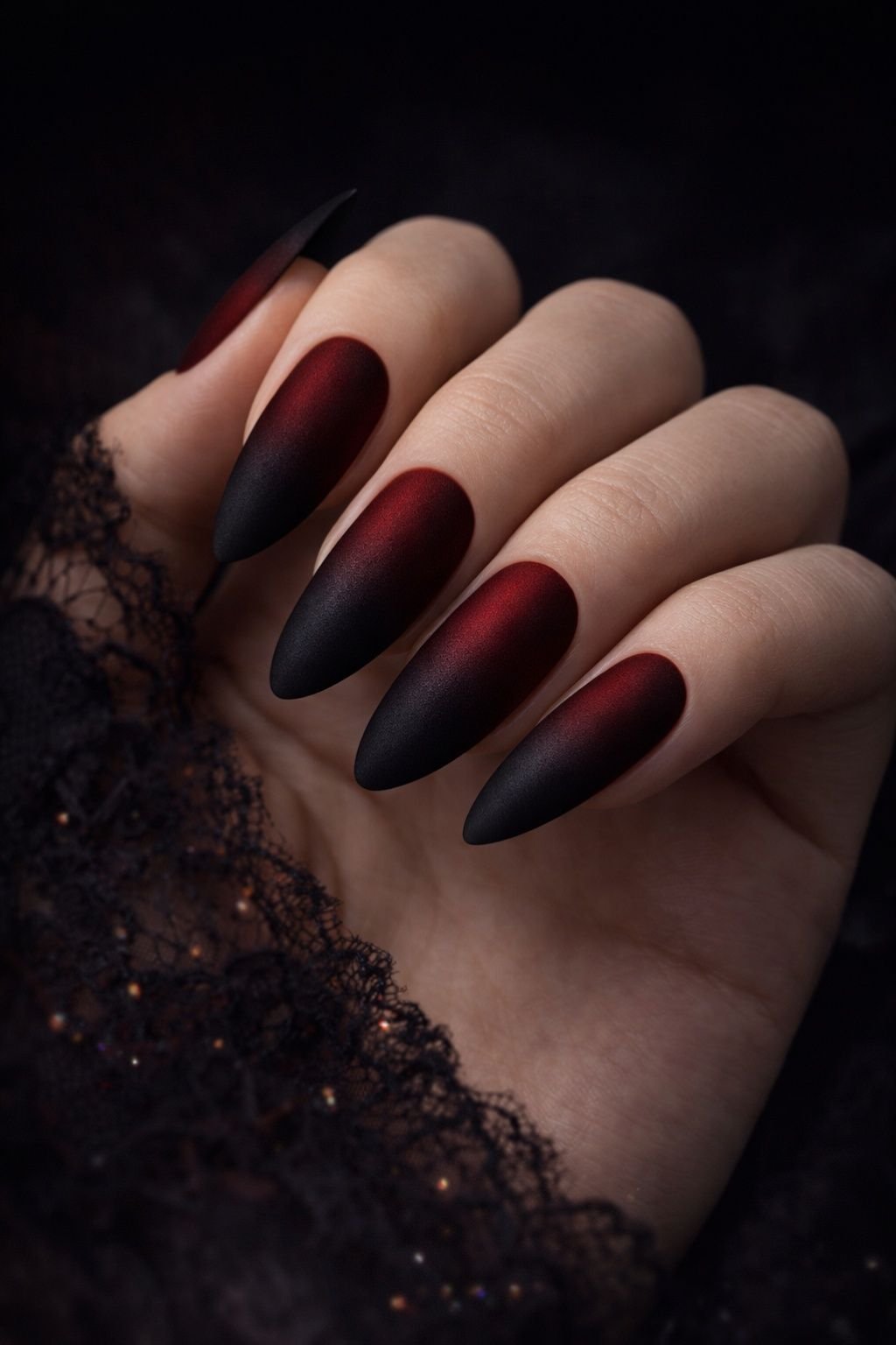 Matte Burgundy Black Gradient Stiletto Nails for January