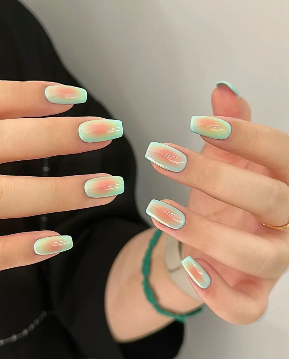 Matte Pastel Mint Peach Gradient Square Nails for Late Winter