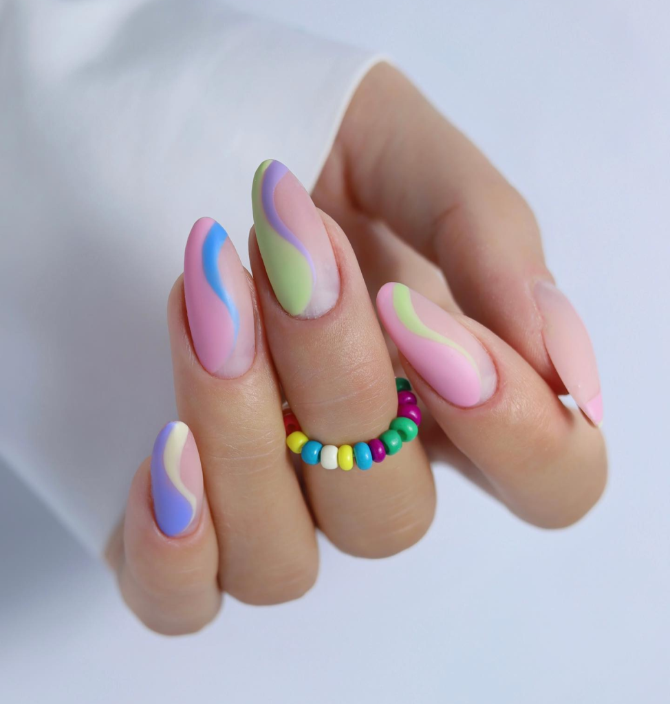 Matte Pastel Swirl Almond Nails for Late Winter