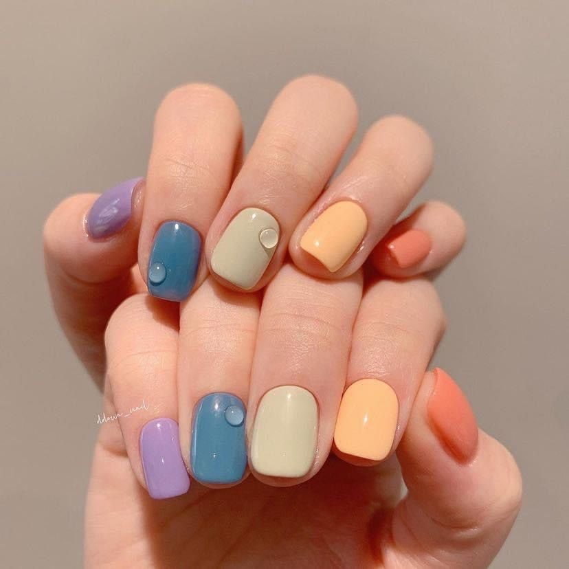 Matte Pastel Multi-Colour Square Nails for Late Winter