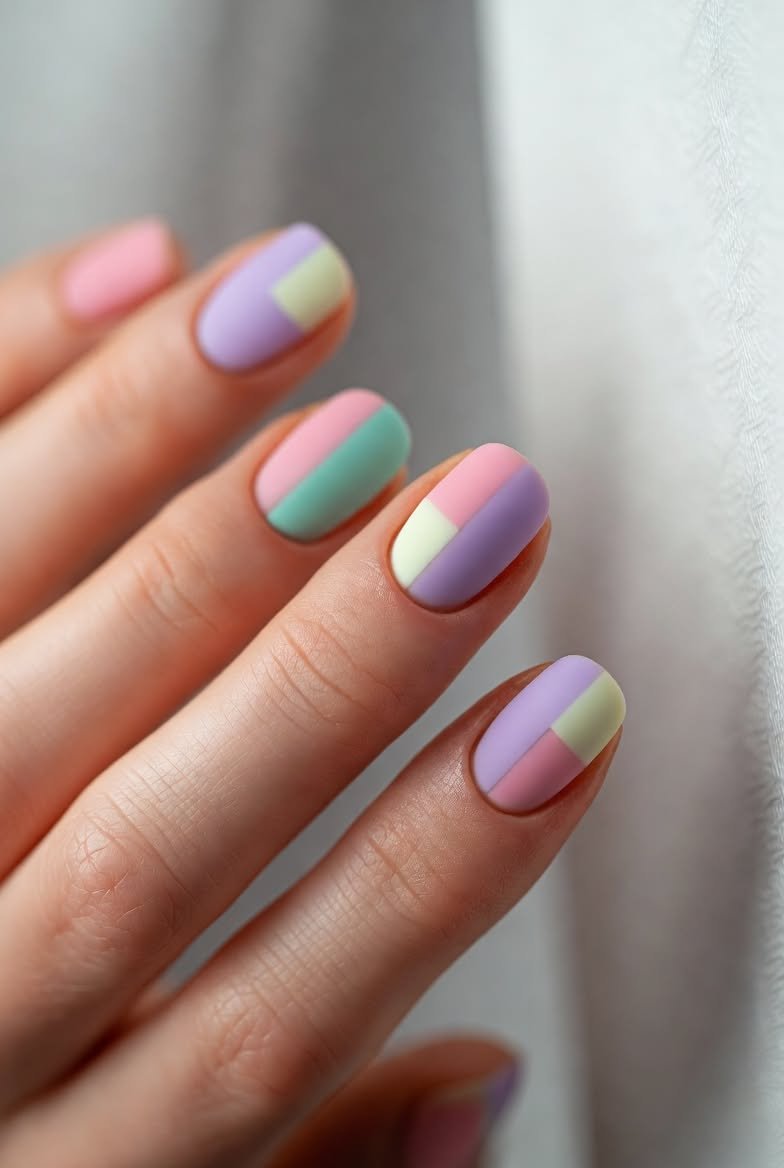 Matte Pastel Pink Mint Lilac Colour-Block Square Nails for Late Winter