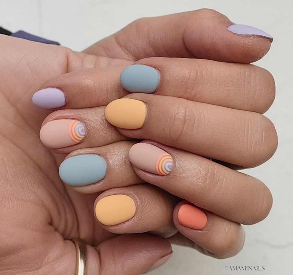 Matte Pastel Solid Square Nails with a Rainbow Accent for Late Winter