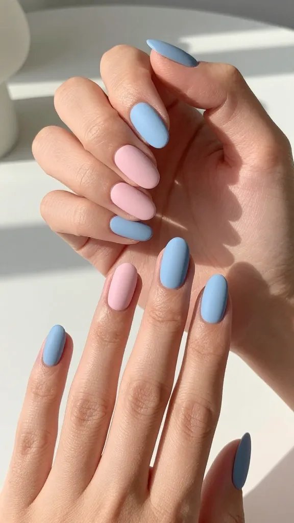 Matte Pastel Pink Blue Almond Nails for Late Winter