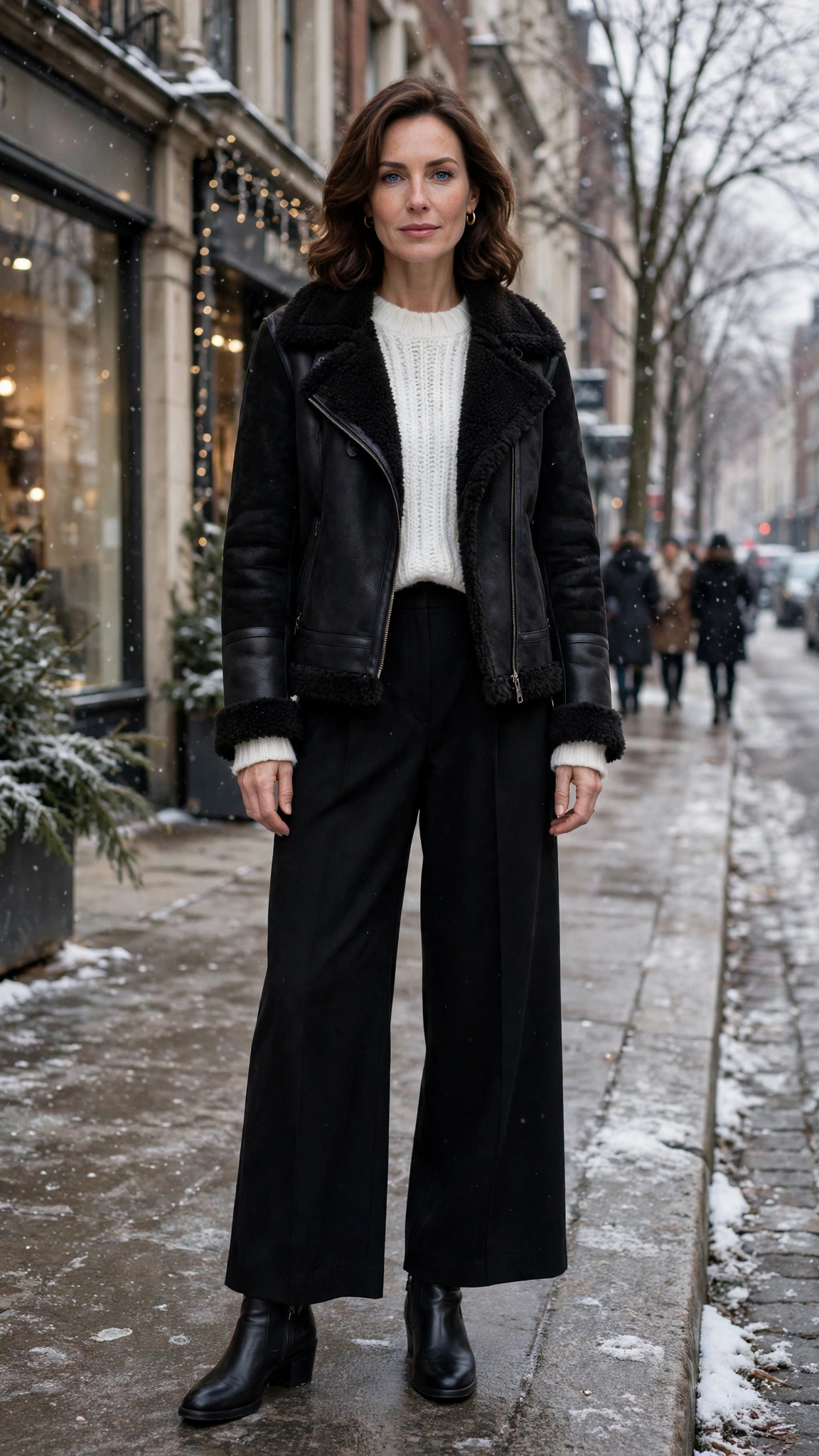 Black Shearling Jacket with black wide-leg trousers