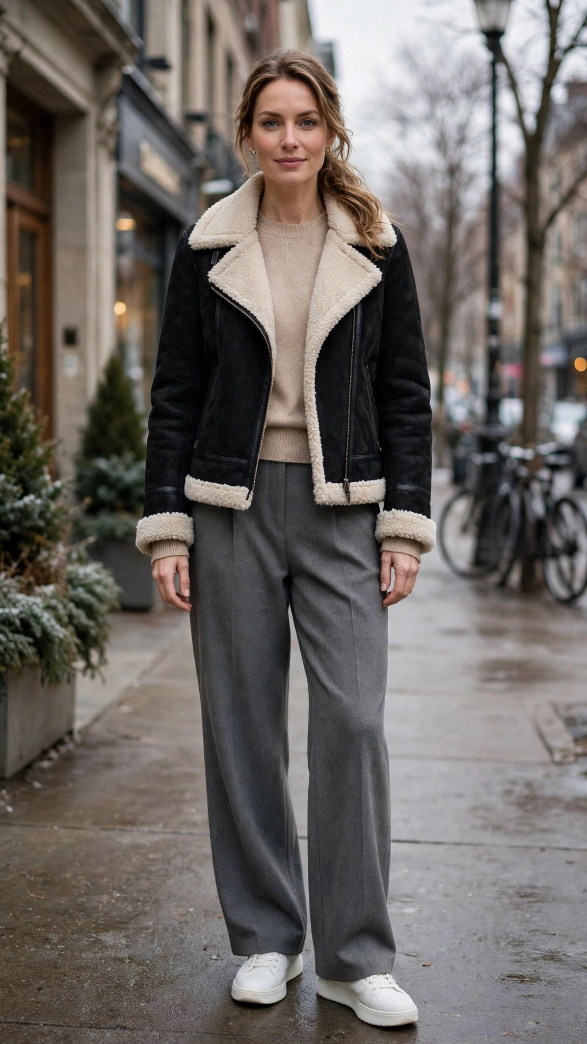 Black Shearling Jacket with grey wide-leg trousers