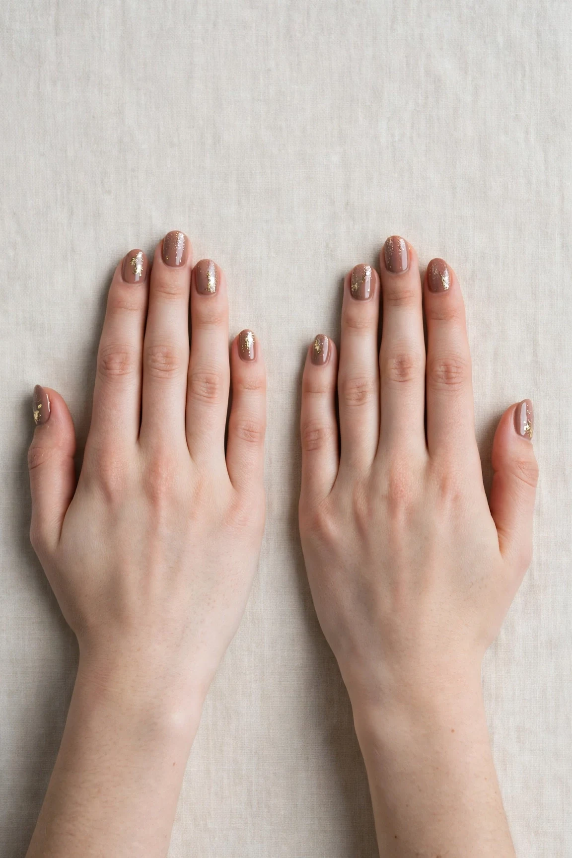 Short Oval Mocha Brown Glitter Christmas Nails with a high-gloss finish and gold foil accents