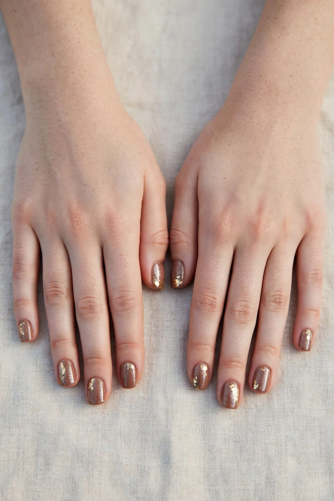 Short Square Mocha Brown Glitter Christmas Nails with a chrome shine and gold foil accents
