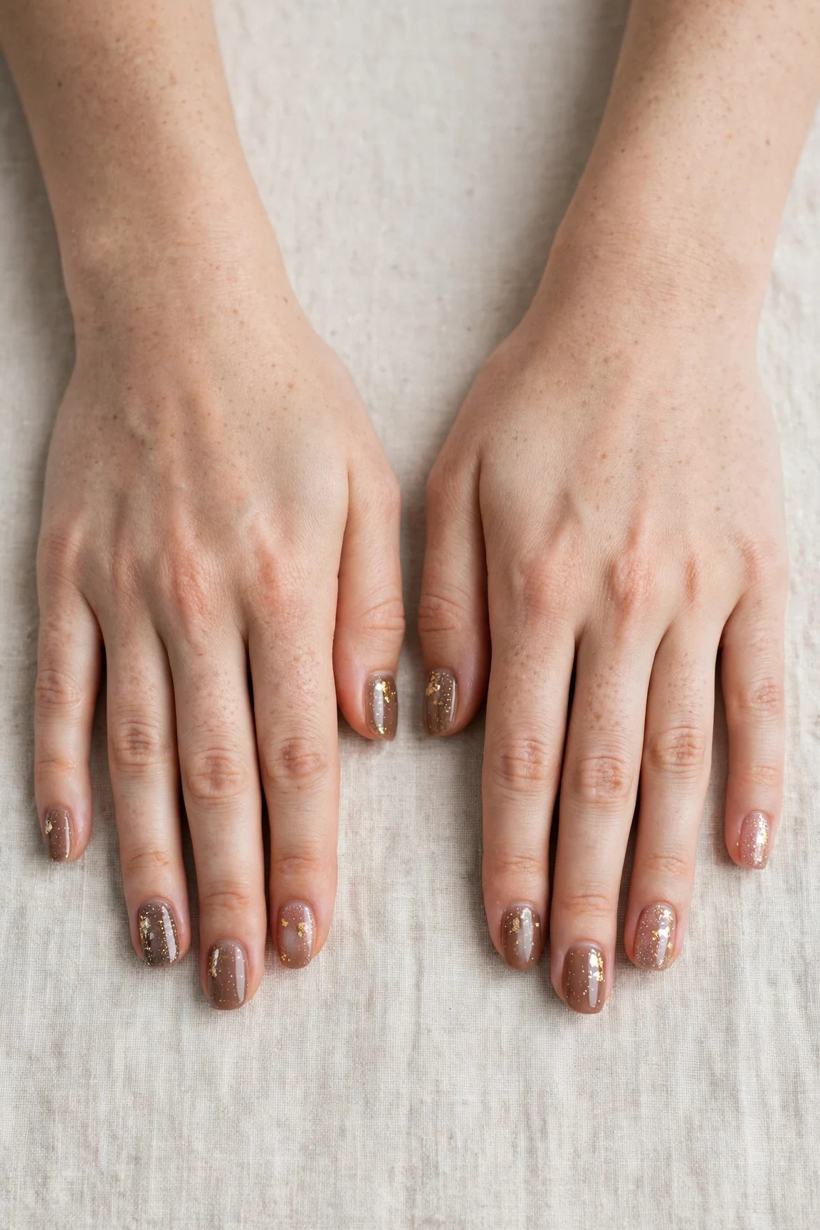 Squoval Mocha Brown Glitter Christmas Nails with a sheer jelly finish and gold foil accents
