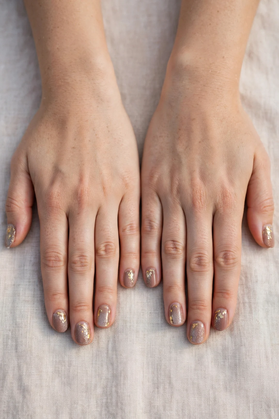 Short Round Mocha Brown Glitter Christmas Nails with a frosted shimmer finish and gold foil accents