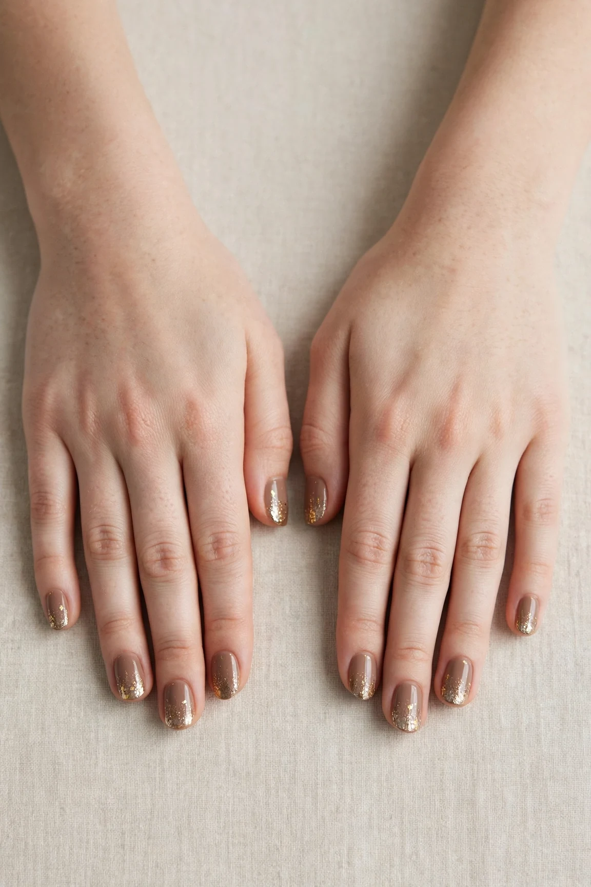 Short Oval Mocha Brown Glitter Christmas Nails with a glitter gradient finish and gold foil accents