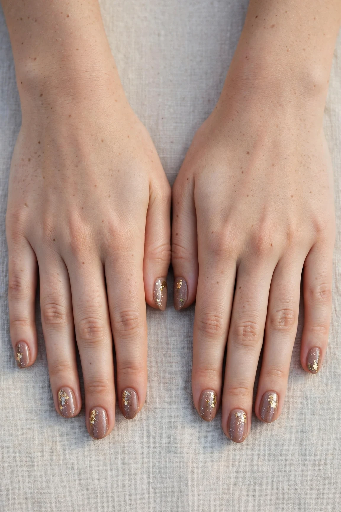Oval Mocha Brown Glitter Christmas Nails with a satin finish and gold foil accents
